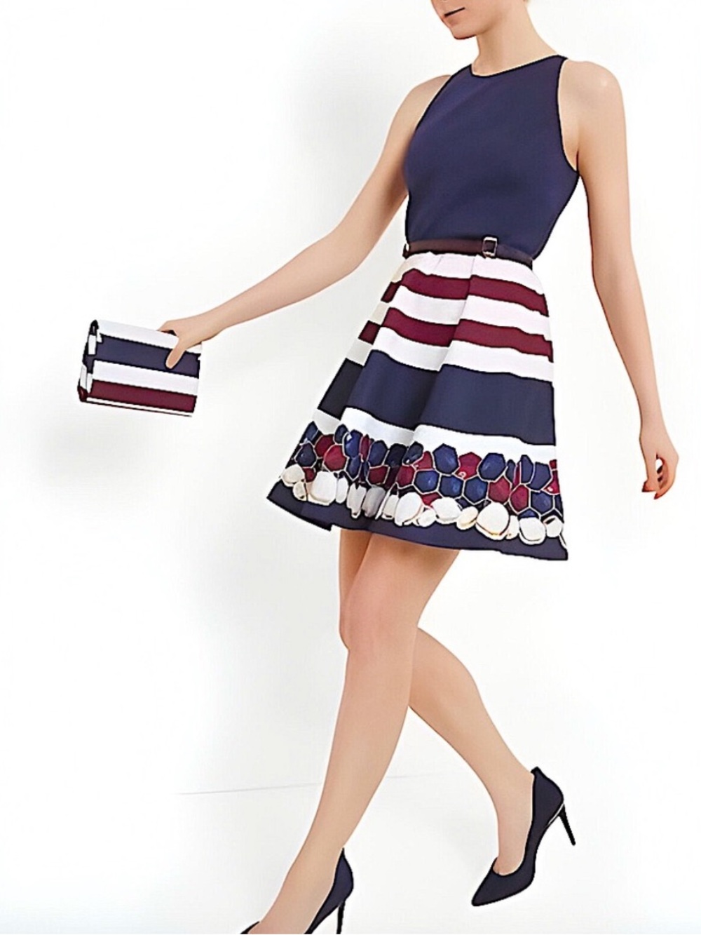 Ted Baker Annalie Navy Rowing Stripe Skater Dress Navy Jewel Print Size 2 US 6